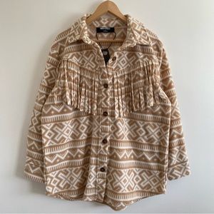 Inner Cercle Women's Freece Jacket, Botton Front, Fringe Details, Tan, Size L